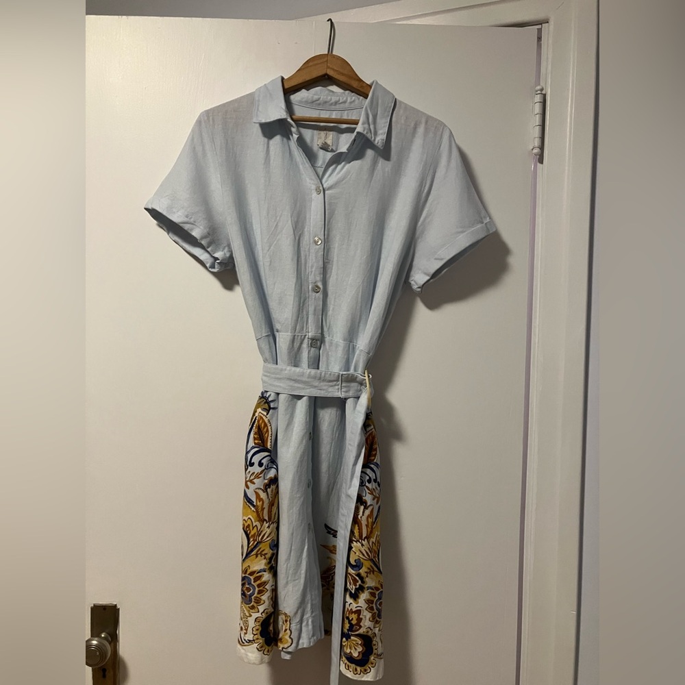 Joie Light Blue Midi Shirt Dress with Yellow & Navy Floral Panels - Linen Blend